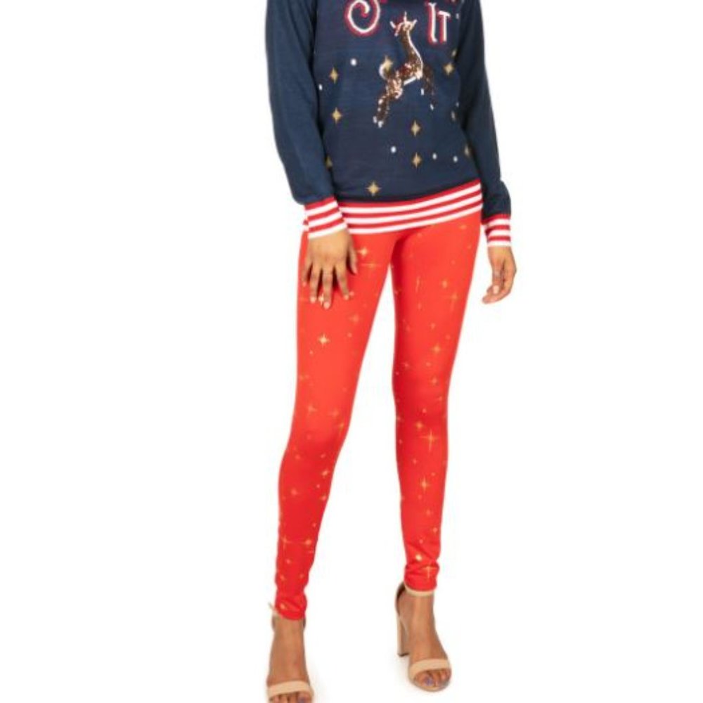 NWT Tipsy Elves Red Gold Twinkle Star Leggings - Picture 2 of 4